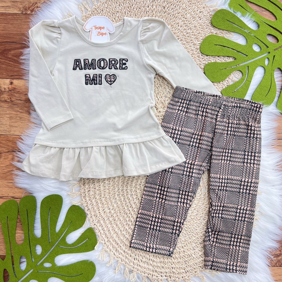 Conj. Blusa Manga Longa Amore Mio e Calça Legging em Plush - Areia